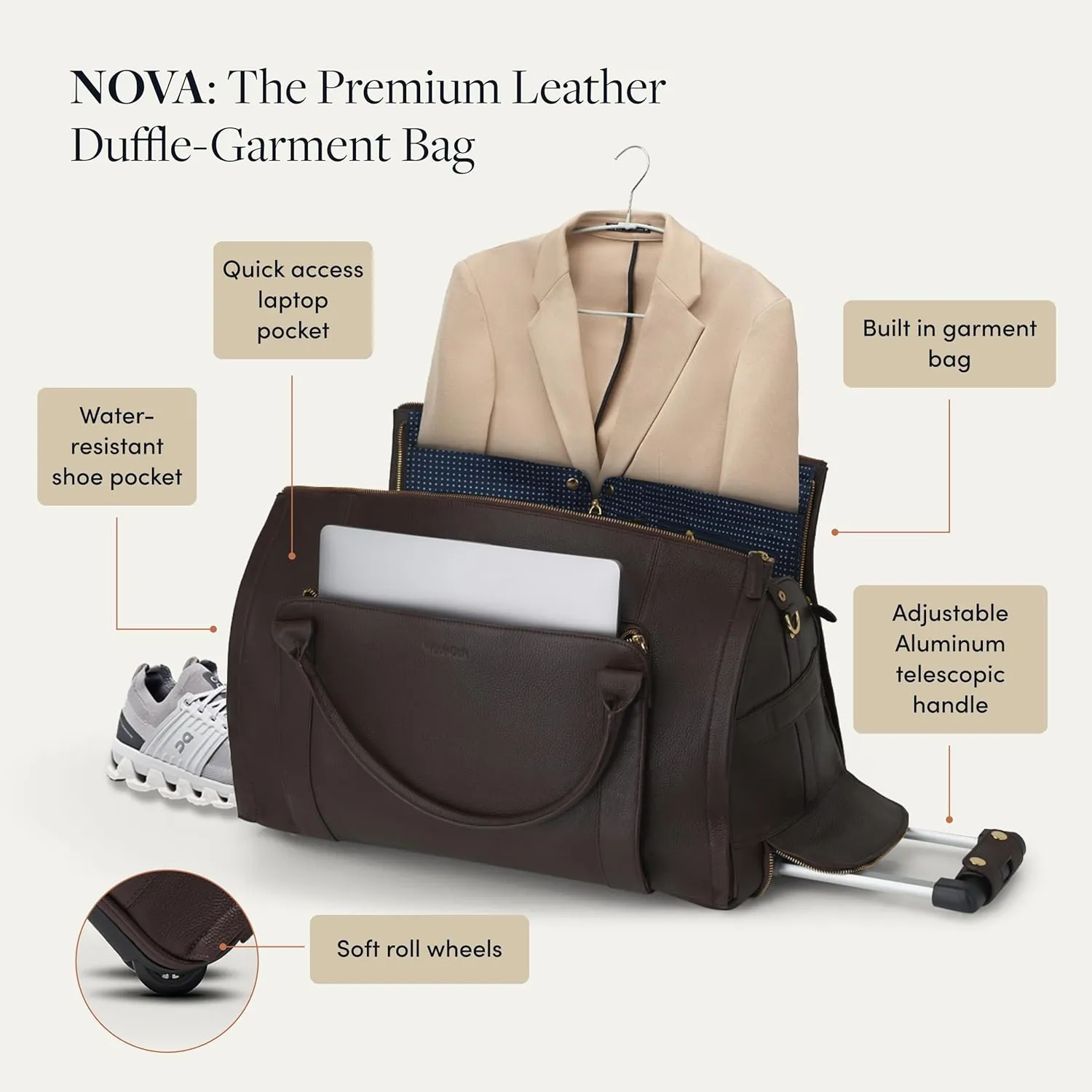 Wool & Oak - NOVA Large Duffle Bag with Wheels - Carry On Garment Duffle Bags for Travel, Overnight, Hospital, Travel Bags for Women & Men with Shoe Compartment & Tech Pocket (Leather, Chocolate)