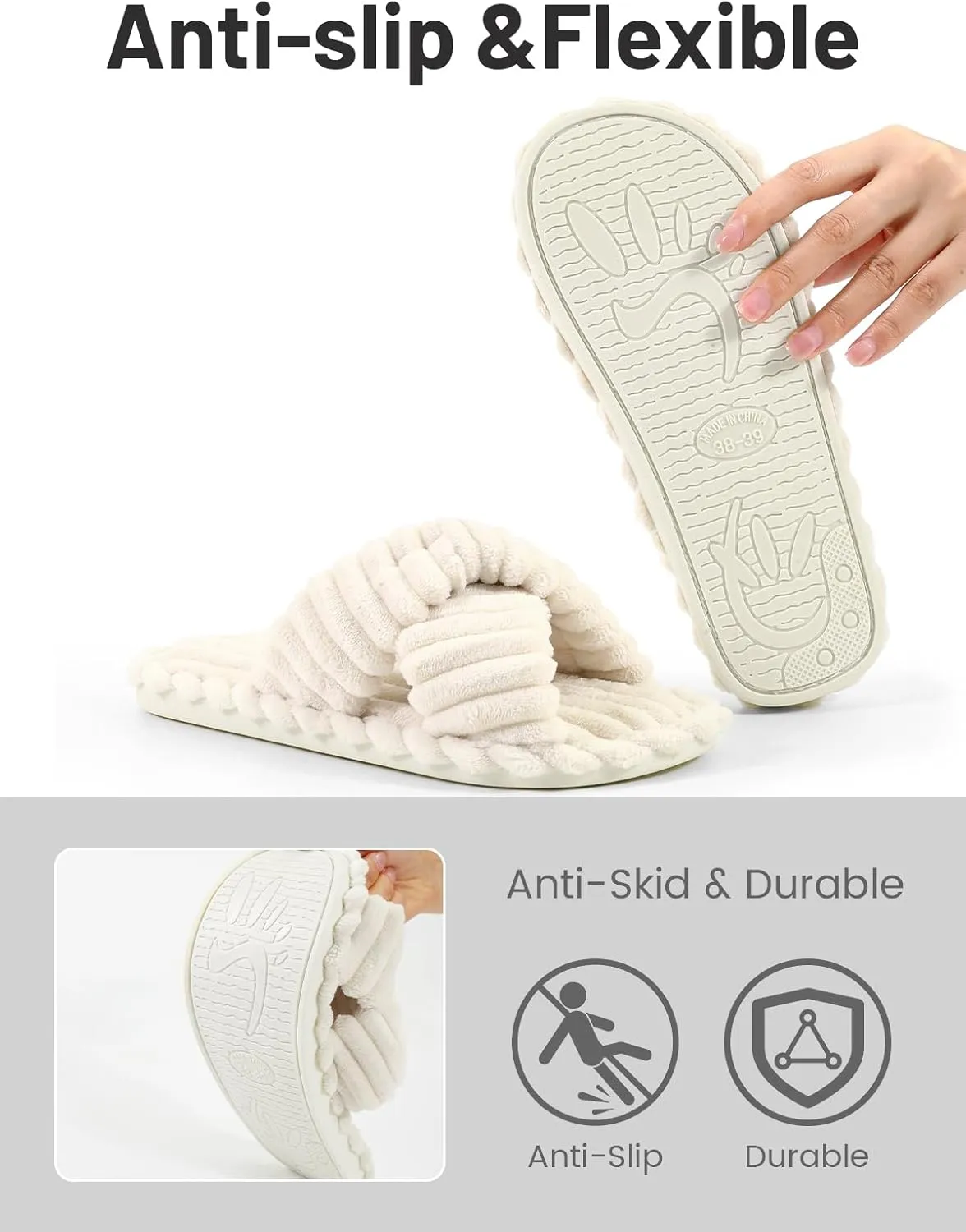 Xelky Indoor Slippers for Women House Open Toe Slipper Comfortable Corduroy Cross Bands Bedroom Shoes Fuzzy