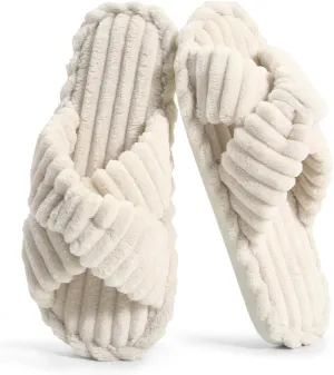 Xelky Indoor Slippers for Women House Open Toe Slipper Comfortable Corduroy Cross Bands Bedroom Shoes Fuzzy
