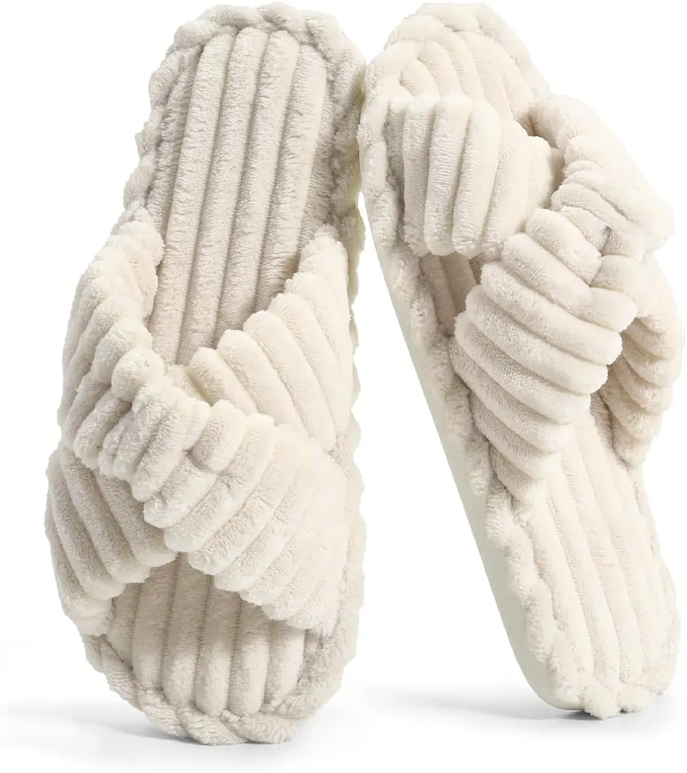 Xelky Indoor Slippers for Women House Open Toe Slipper Comfortable Corduroy Cross Bands Bedroom Shoes Fuzzy