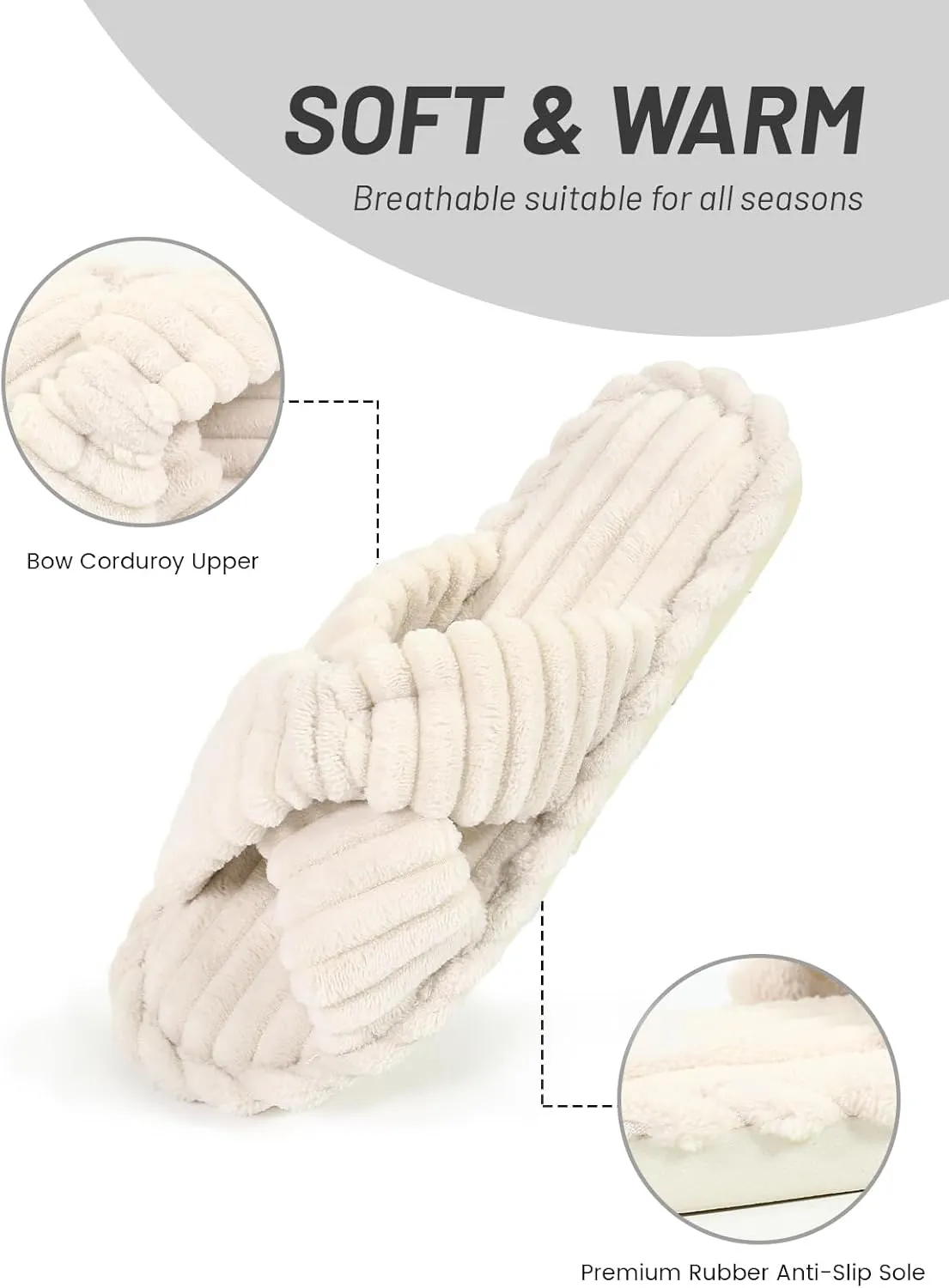 Xelky Indoor Slippers for Women House Open Toe Slipper Comfortable Corduroy Cross Bands Bedroom Shoes Fuzzy