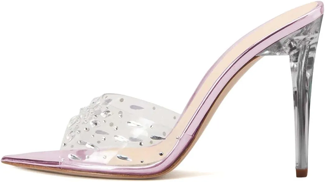 XYD Women Elegant Peep Pointed Toe Sandals High Stiletto Crystal Heel Mules Slip On PVC Rhinestones Party Office Work Summer Daily Shoes