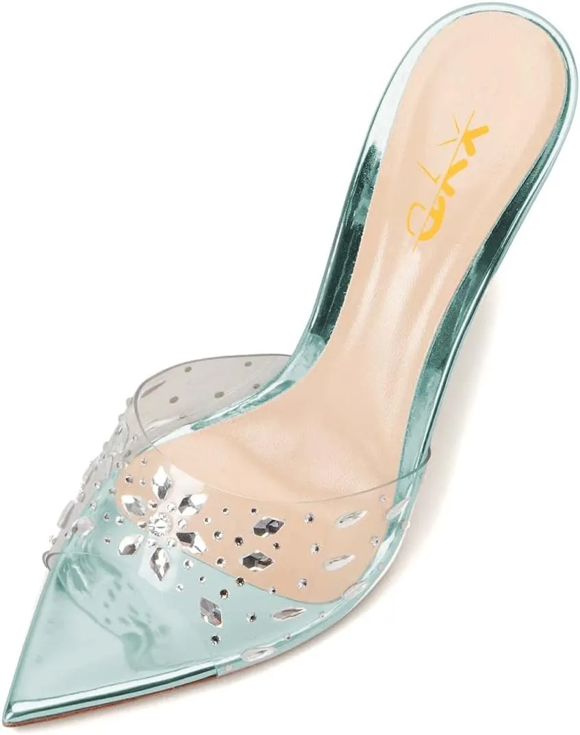 XYD Women Elegant Peep Pointed Toe Sandals High Stiletto Crystal Heel Mules Slip On PVC Rhinestones Party Office Work Summer Daily Shoes