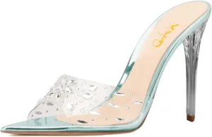 XYD Women Elegant Peep Pointed Toe Sandals High Stiletto Crystal Heel Mules Slip On PVC Rhinestones Party Office Work Summer Daily Shoes