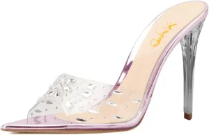 XYD Women Elegant Peep Pointed Toe Sandals High Stiletto Crystal Heel Mules Slip On PVC Rhinestones Party Office Work Summer Daily Shoes