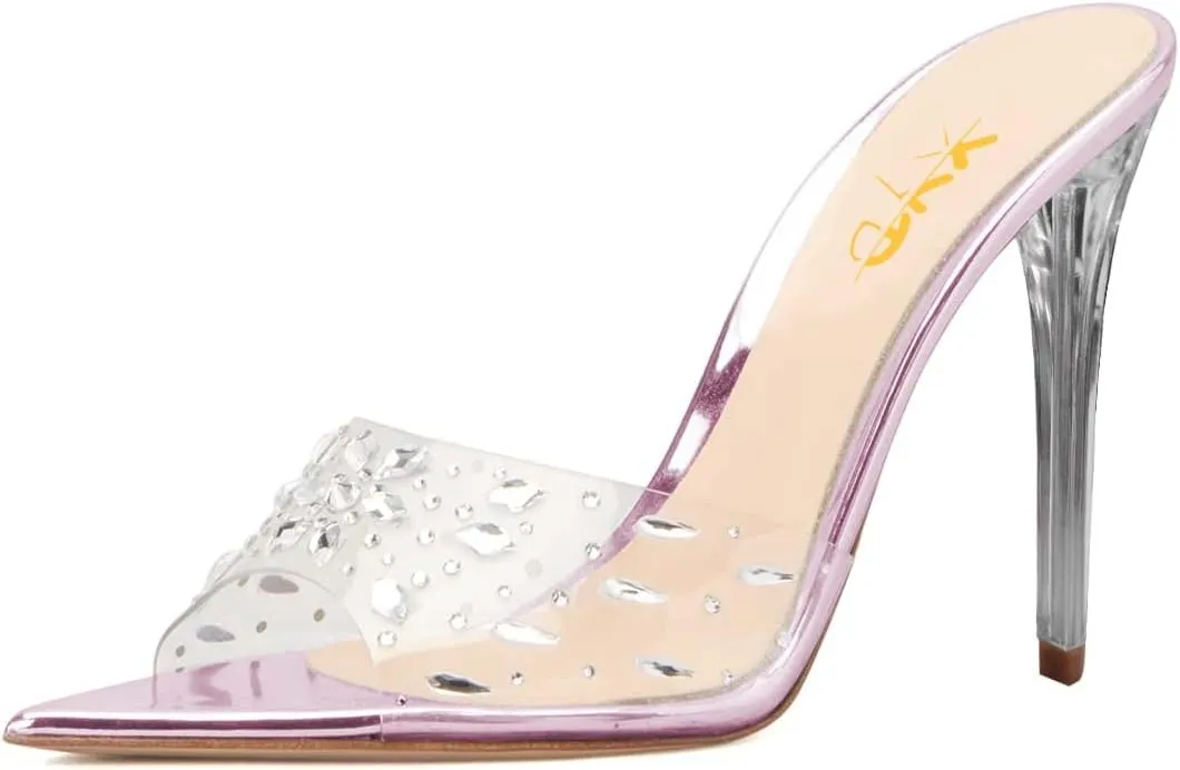 XYD Women Elegant Peep Pointed Toe Sandals High Stiletto Crystal Heel Mules Slip On PVC Rhinestones Party Office Work Summer Daily Shoes