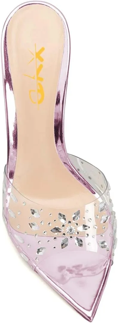 XYD Women Elegant Peep Pointed Toe Sandals High Stiletto Crystal Heel Mules Slip On PVC Rhinestones Party Office Work Summer Daily Shoes