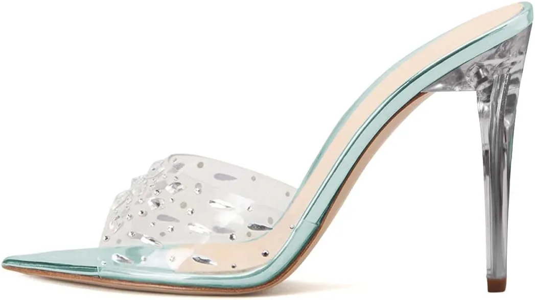 XYD Women Elegant Peep Pointed Toe Sandals High Stiletto Crystal Heel Mules Slip On PVC Rhinestones Party Office Work Summer Daily Shoes