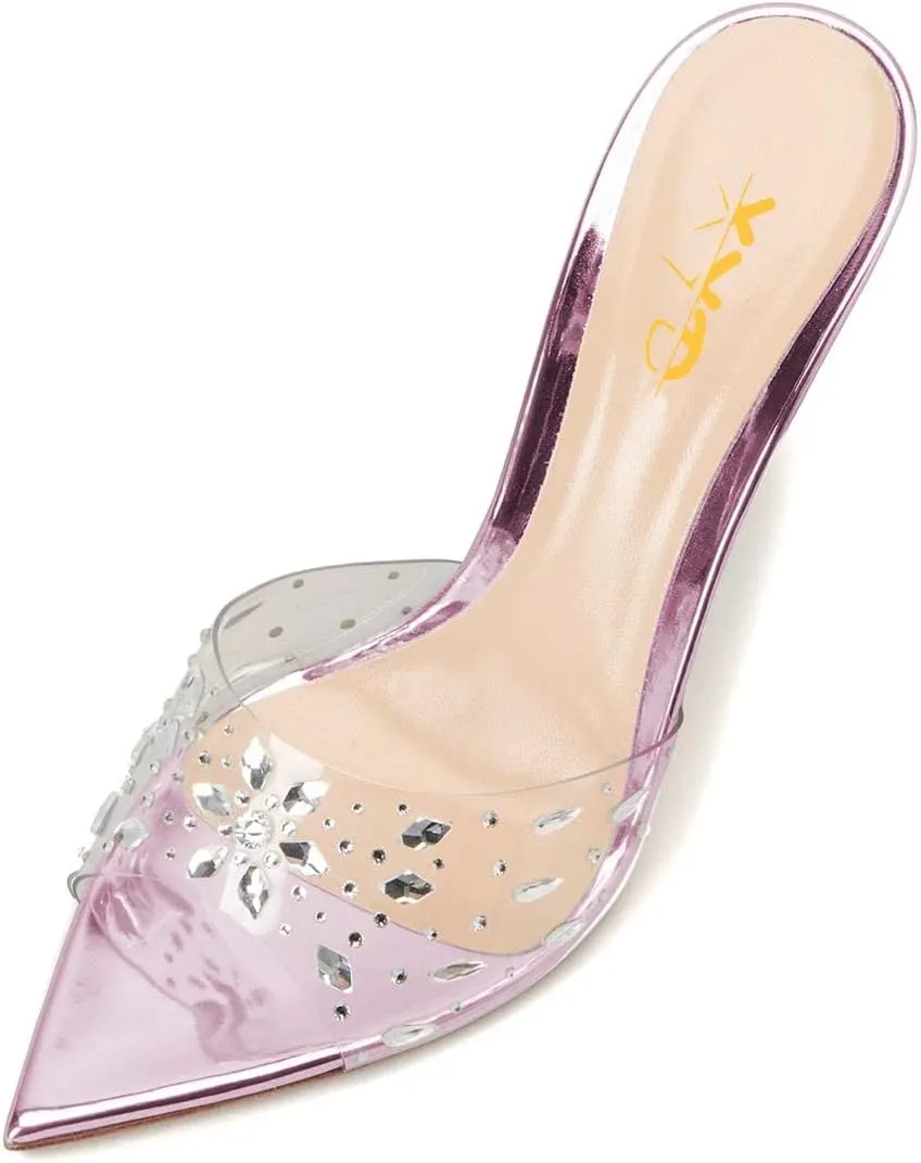 XYD Women Elegant Peep Pointed Toe Sandals High Stiletto Crystal Heel Mules Slip On PVC Rhinestones Party Office Work Summer Daily Shoes