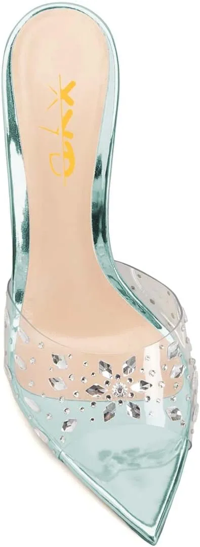 XYD Women Elegant Peep Pointed Toe Sandals High Stiletto Crystal Heel Mules Slip On PVC Rhinestones Party Office Work Summer Daily Shoes