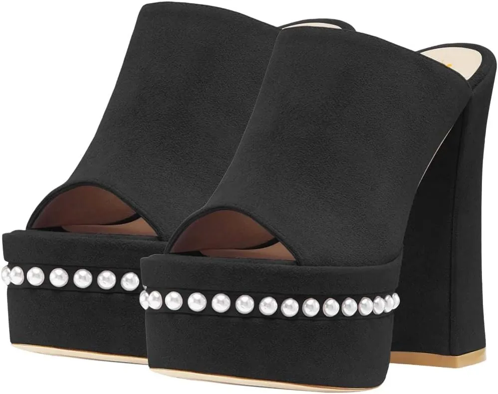 XYD Women Open Toe Pearl Beaded Platform Slide Sandals High Chunky Heel Slip On Mule Slippers Club Dressy Party Shoes