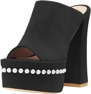 XYD Women Open Toe Pearl Beaded Platform Slide Sandals High Chunky Heel Slip On Mule Slippers Club Dressy Party Shoes