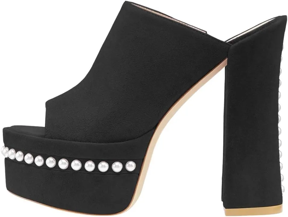 XYD Women Open Toe Pearl Beaded Platform Slide Sandals High Chunky Heel Slip On Mule Slippers Club Dressy Party Shoes