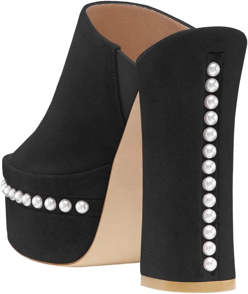 XYD Women Open Toe Pearl Beaded Platform Slide Sandals High Chunky Heel Slip On Mule Slippers Club Dressy Party Shoes