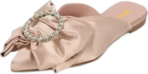 XYD Women Rhinestone Buckle Bowknot Closed Pointed Toe Mule Flats Easy Slip On Low Heel Sandals Satin Dress Evening Casual Shoes