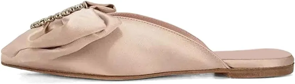 XYD Women Rhinestone Buckle Bowknot Closed Pointed Toe Mule Flats Easy Slip On Low Heel Sandals Satin Dress Evening Casual Shoes