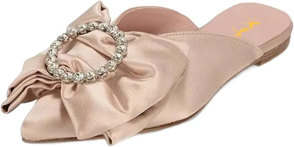 XYD Women Rhinestone Buckle Bowknot Closed Pointed Toe Mule Flats Easy Slip On Low Heel Sandals Satin Dress Evening Casual Shoes