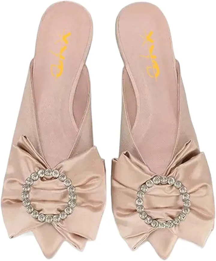 XYD Women Rhinestone Buckle Bowknot Closed Pointed Toe Mule Flats Easy Slip On Low Heel Sandals Satin Dress Evening Casual Shoes