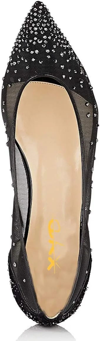 XYD Women Rhinestones Studded Ballet Flats Mesh Rivets Hidden Heels Slip On Pointed Toe Evening Dressy Shoes