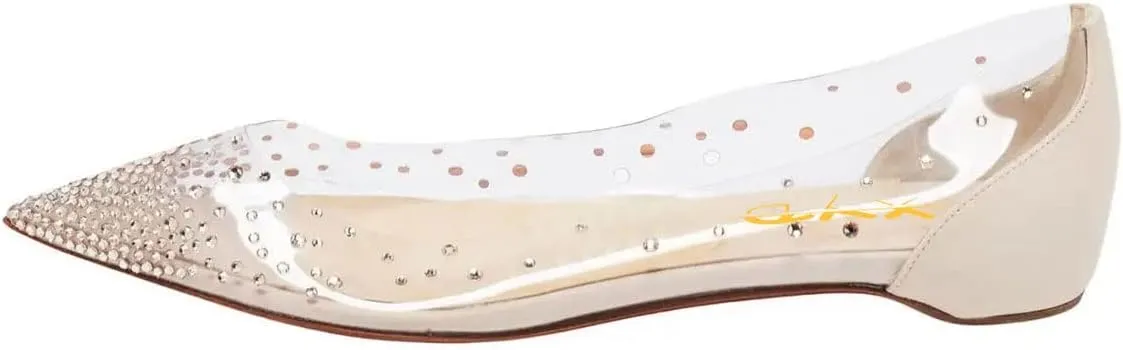XYD Women Rhinestones Studded Ballet Flats Mesh Rivets Hidden Heels Slip On Pointed Toe Evening Dressy Shoes