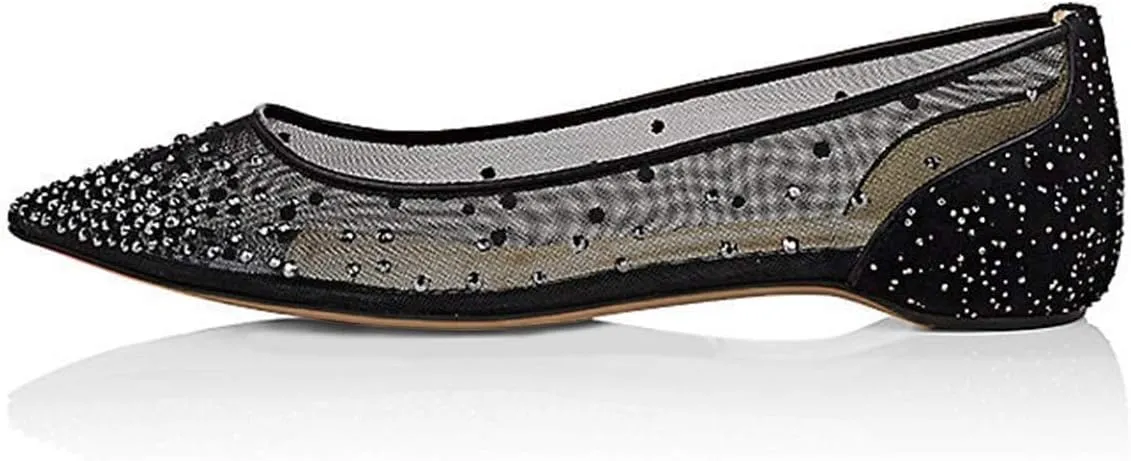 XYD Women Rhinestones Studded Ballet Flats Mesh Rivets Hidden Heels Slip On Pointed Toe Evening Dressy Shoes