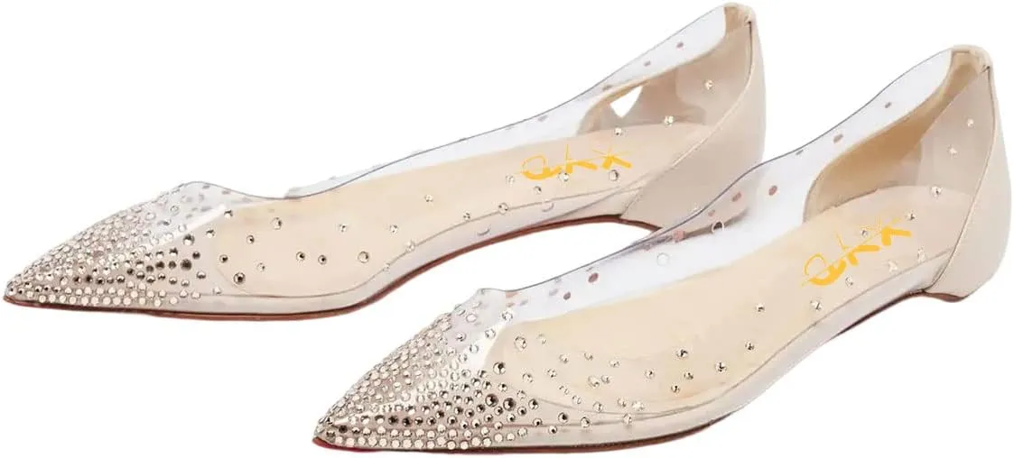 XYD Women Rhinestones Studded Ballet Flats Mesh Rivets Hidden Heels Slip On Pointed Toe Evening Dressy Shoes