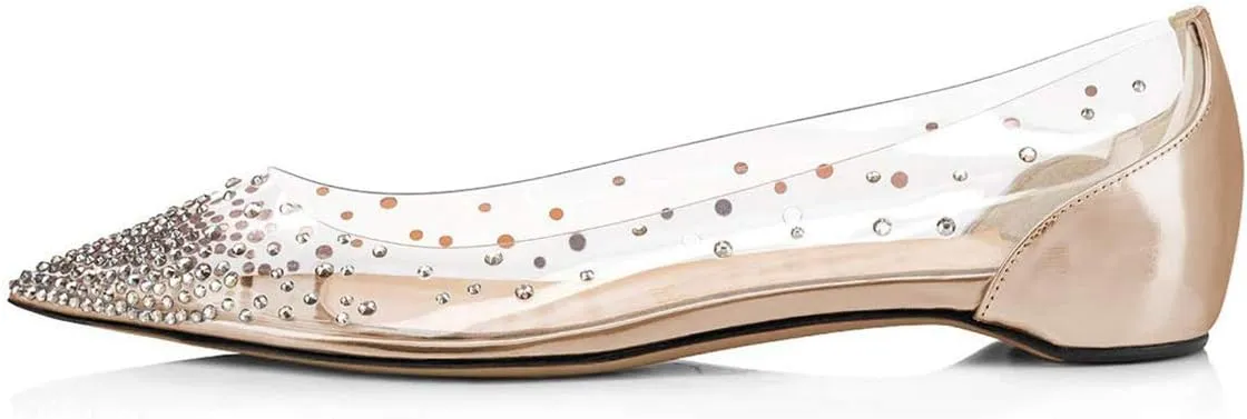 XYD Women Rhinestones Studded Ballet Flats Mesh Rivets Hidden Heels Slip On Pointed Toe Evening Dressy Shoes