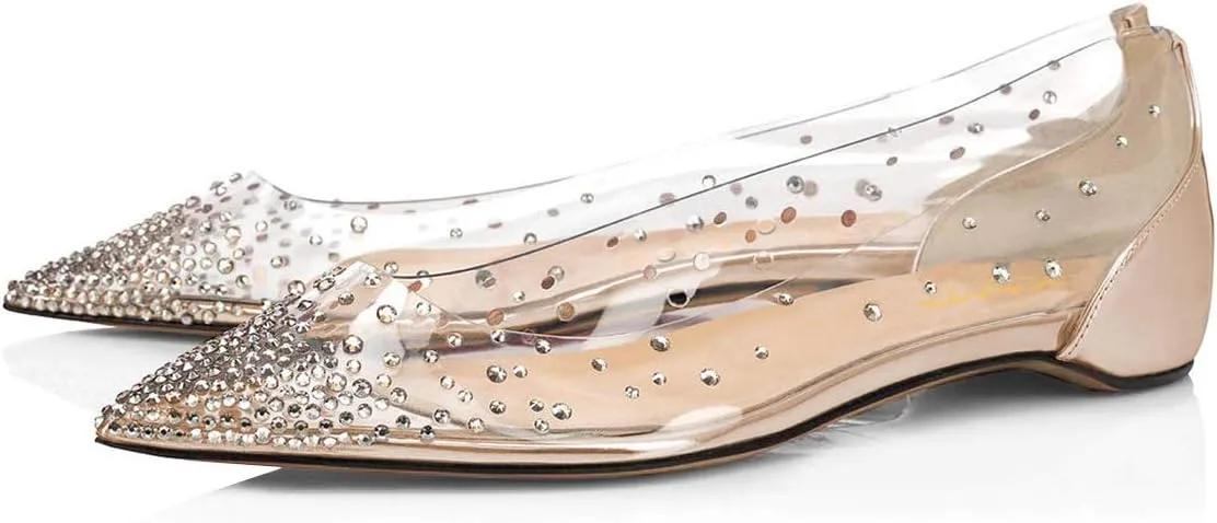 XYD Women Rhinestones Studded Ballet Flats Mesh Rivets Hidden Heels Slip On Pointed Toe Evening Dressy Shoes