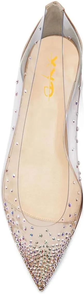 XYD Women Rhinestones Studded Ballet Flats Mesh Rivets Hidden Heels Slip On Pointed Toe Evening Dressy Shoes