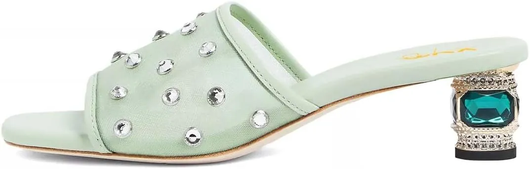 XYD Women Stylish Mesh Crystals Studded Mules Square Open Toe Slip On Chunky Low Heel Slides Resort Party Shoes
