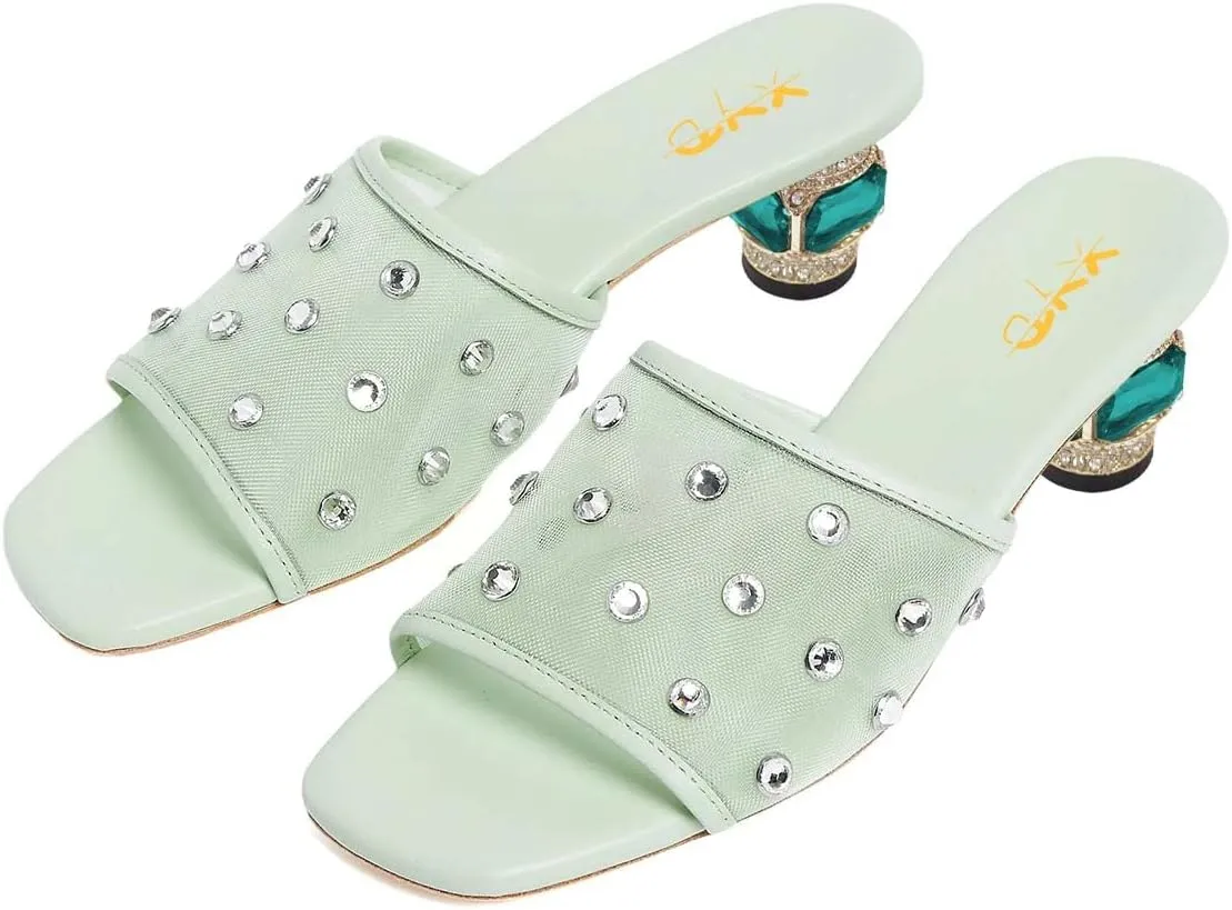 XYD Women Stylish Mesh Crystals Studded Mules Square Open Toe Slip On Chunky Low Heel Slides Resort Party Shoes
