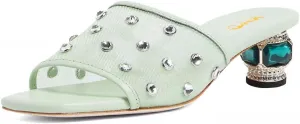 XYD Women Stylish Mesh Crystals Studded Mules Square Open Toe Slip On Chunky Low Heel Slides Resort Party Shoes