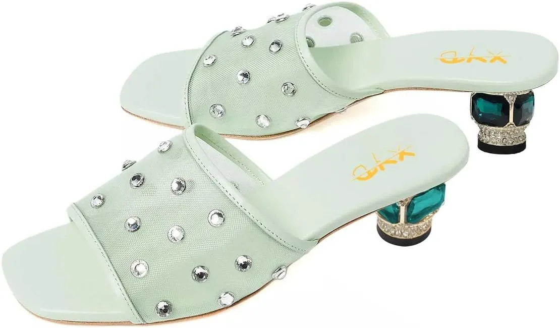 XYD Women Stylish Mesh Crystals Studded Mules Square Open Toe Slip On Chunky Low Heel Slides Resort Party Shoes