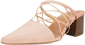 YDN Women Fashion Closed Pointy Toe Cross Strap Mule Mid High Chunky Stacked Heel Pumps Date Office Shoes