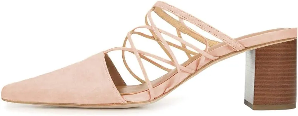 YDN Women Fashion Closed Pointy Toe Cross Strap Mule Mid High Chunky Stacked Heel Pumps Date Office Shoes