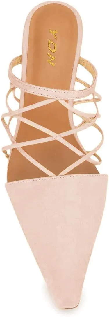 YDN Women Fashion Closed Pointy Toe Cross Strap Mule Mid High Chunky Stacked Heel Pumps Date Office Shoes
