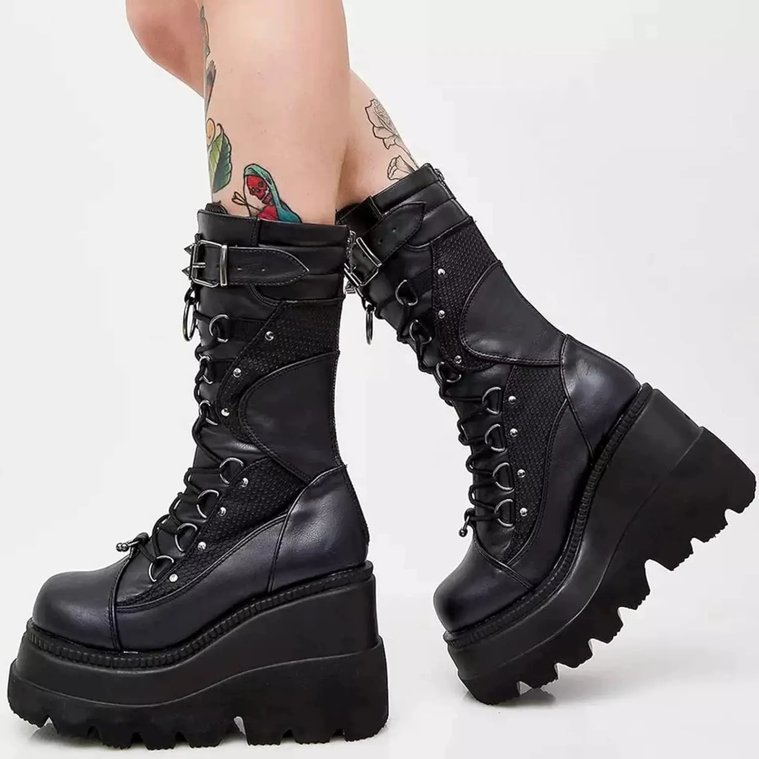 ZKXYFFS Platform Ankle Boots for Women Chunky High Heel Booties Punk Goth Round Toe Combat Boots Womens Lace Up Motorcycle Wedges Boots