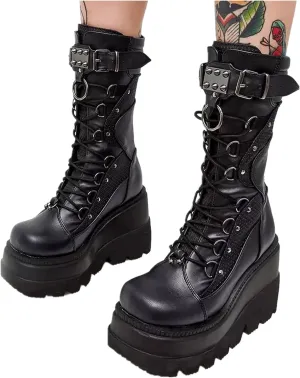 ZKXYFFS Platform Ankle Boots for Women Chunky High Heel Booties Punk Goth Round Toe Combat Boots Womens Lace Up Motorcycle Wedges Boots