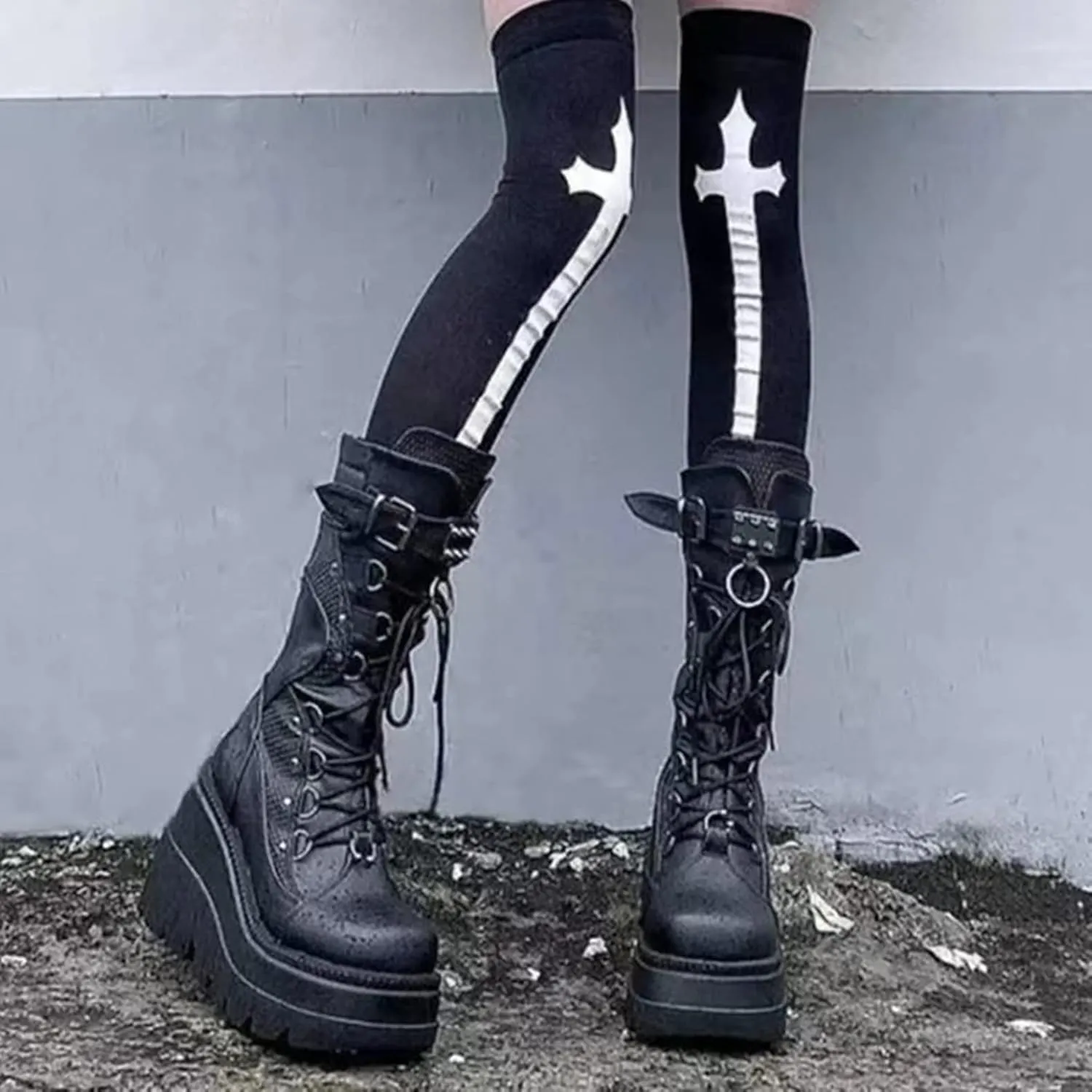 ZKXYFFS Platform Ankle Boots for Women Chunky High Heel Booties Punk Goth Round Toe Combat Boots Womens Lace Up Motorcycle Wedges Boots