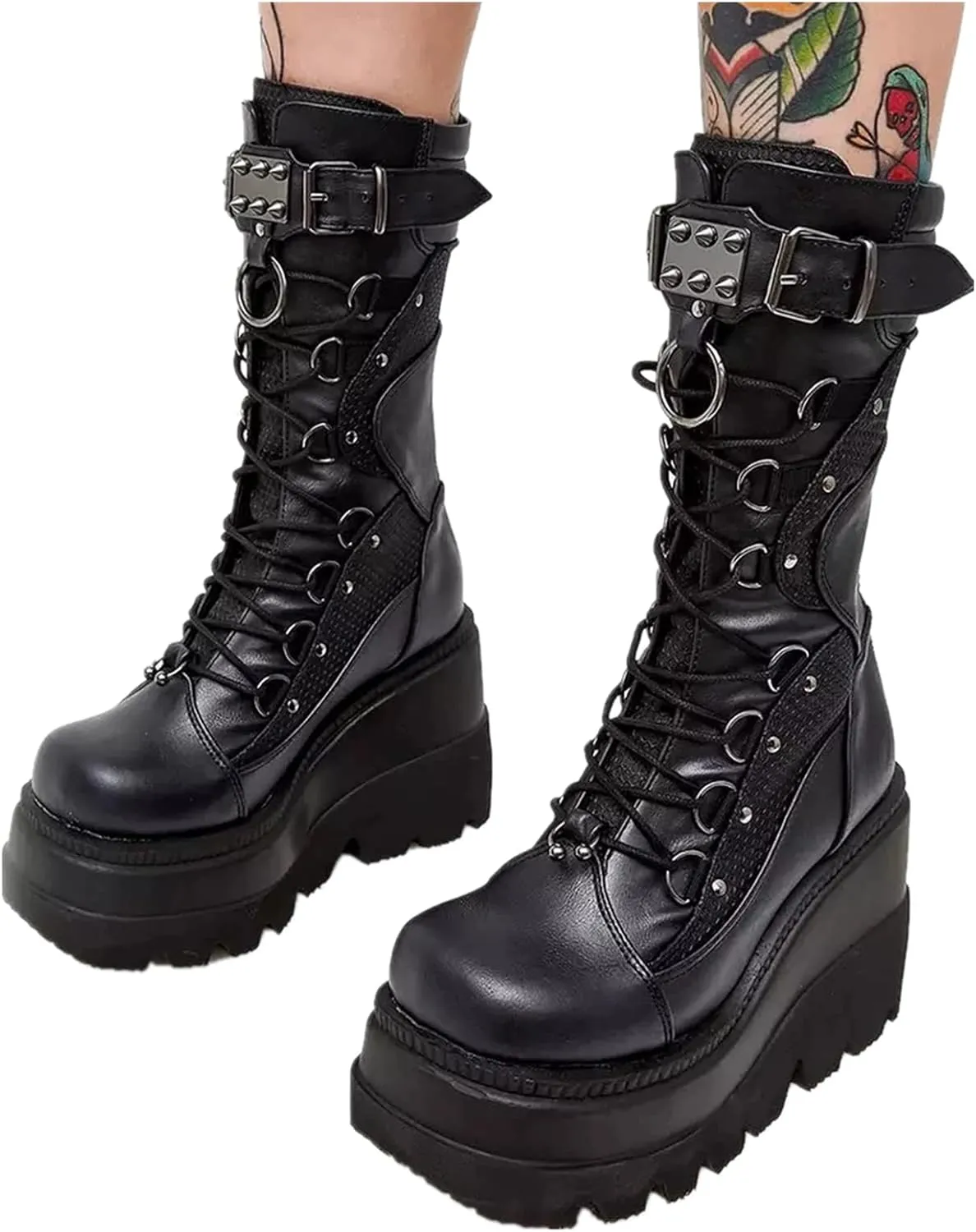 ZKXYFFS Platform Ankle Boots for Women Chunky High Heel Booties Punk Goth Round Toe Combat Boots Womens Lace Up Motorcycle Wedges Boots